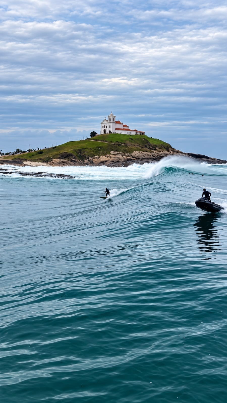 Surfista praticando tow-in rebocado por jet ski nas bancadas de Saquarema